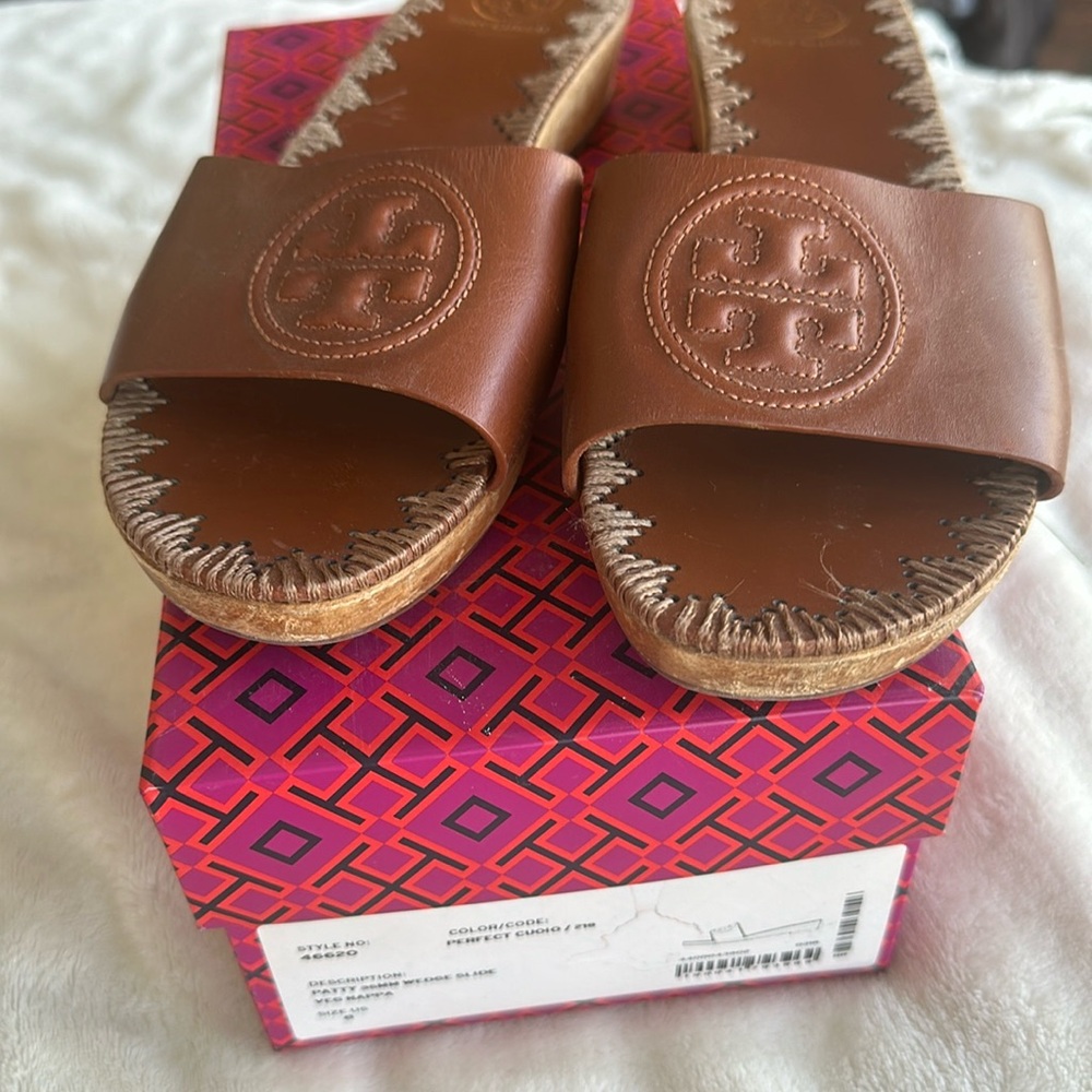 Tory Burch Patty brown slide wedge size 8 with embossed logo runs a little small